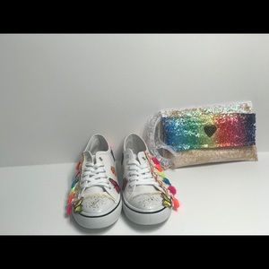 Bedazzled White Sneakers with Tassels & Clutch Bag